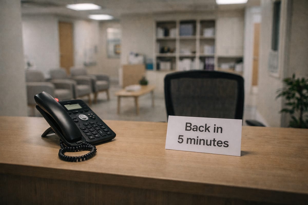 Empty clinic reception desk with phone ringing unanswered - missed calls mean lost patients