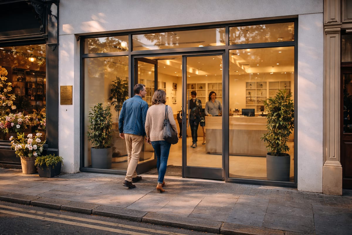 Modern private medical clinic entrance standing out on a UK high street