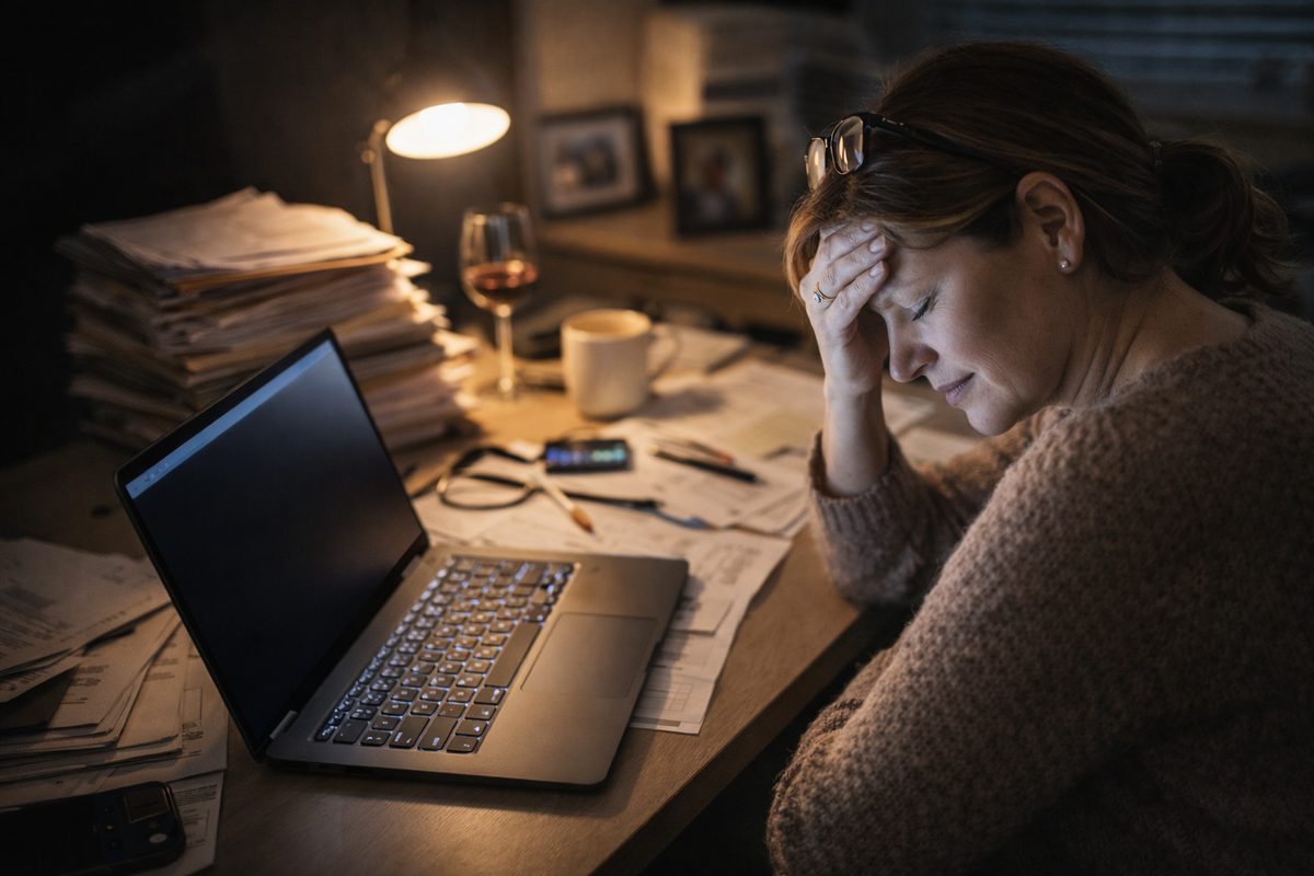 Exhausted doctor in casual clothes at cluttered home desk late at night, surrounded by paperwork and a laptop - the reality of after-hours clinical administration