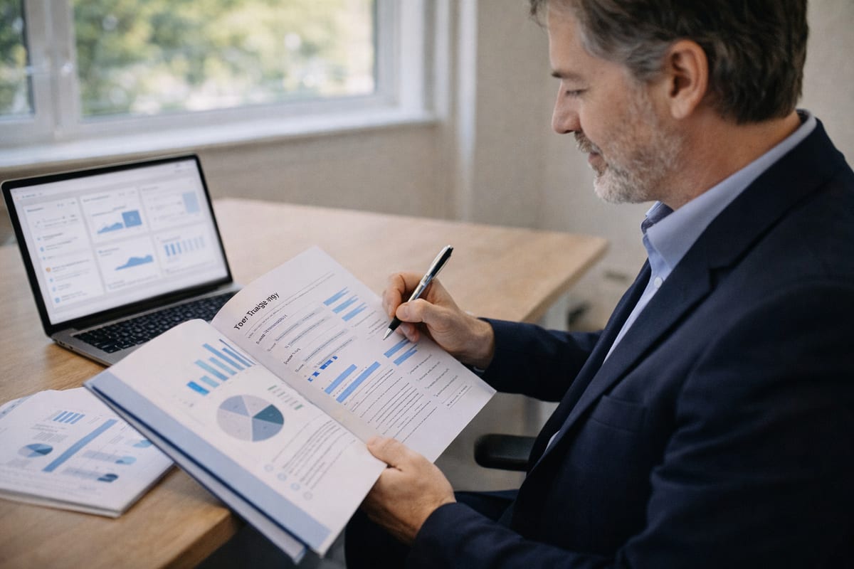 Practice owner reviewing a bound growth strategy document with charts and action items