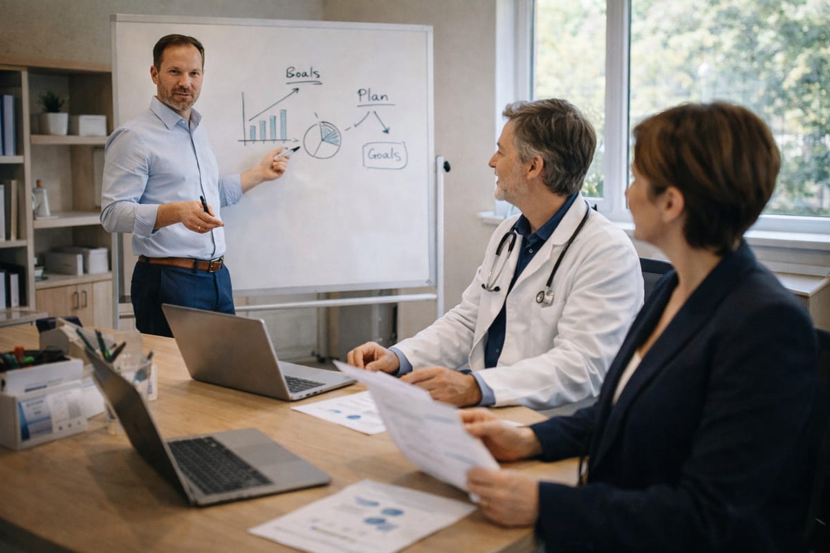 Consultant presenting strategic findings on a whiteboard to healthcare professionals