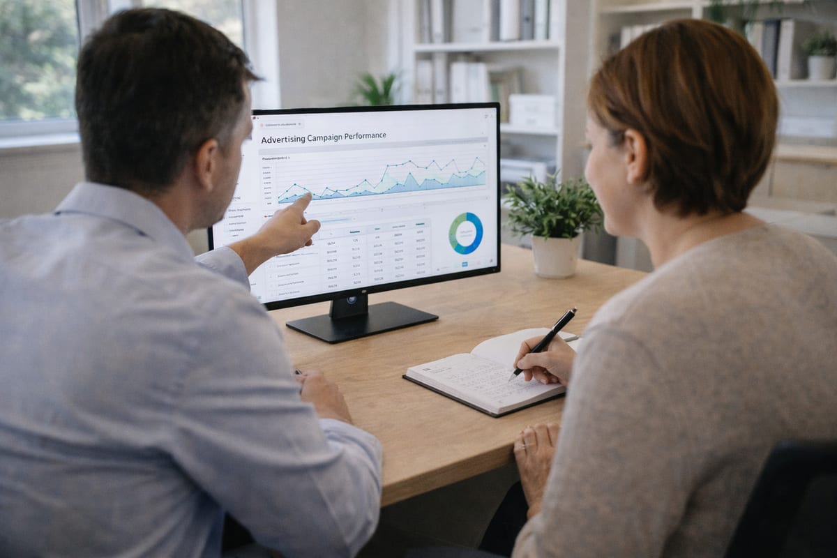 Two marketing professionals reviewing digital advertising campaign performance on a monitor