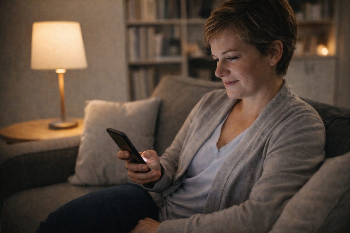 Patient at home in the evening smiling at a timely message on their smartphone