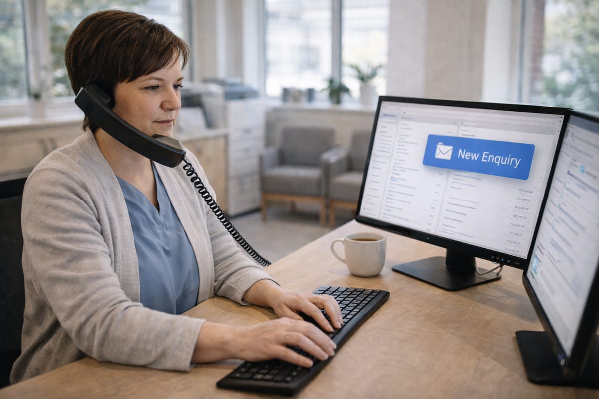 Focused clinic receptionist responding instantly to a new patient enquiry