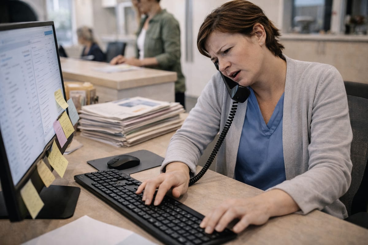 Stressed medical receptionist juggling a phone call, typing, and a waiting patient