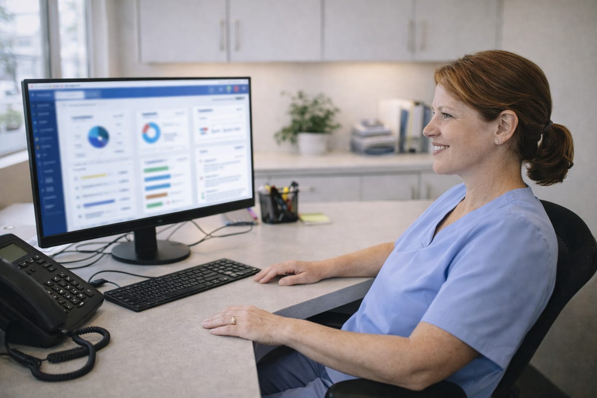 Practice administrator sitting confidently at a single clean monitor with a unified platform dashboard