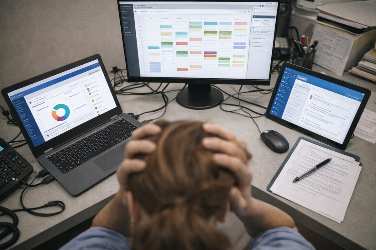 Clinic administrator overwhelmed by three different screens showing disconnected applications