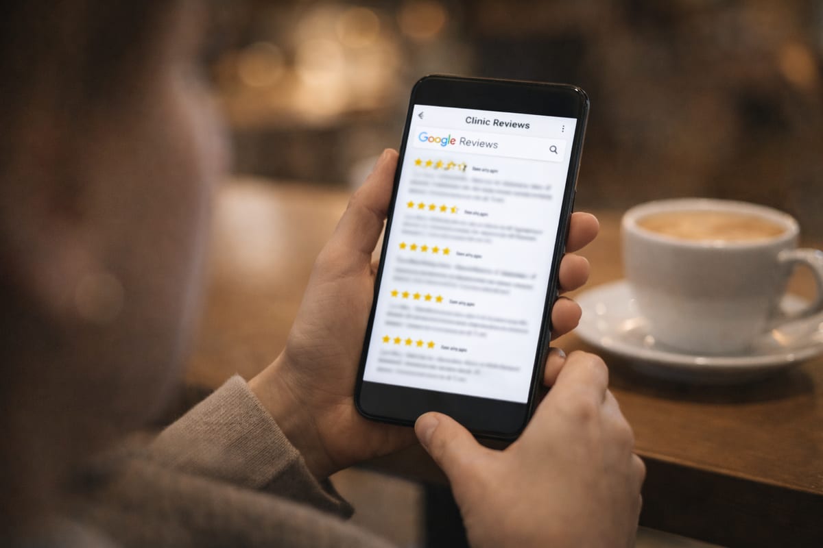 Person browsing five-star clinic reviews on their smartphone before booking an appointment
