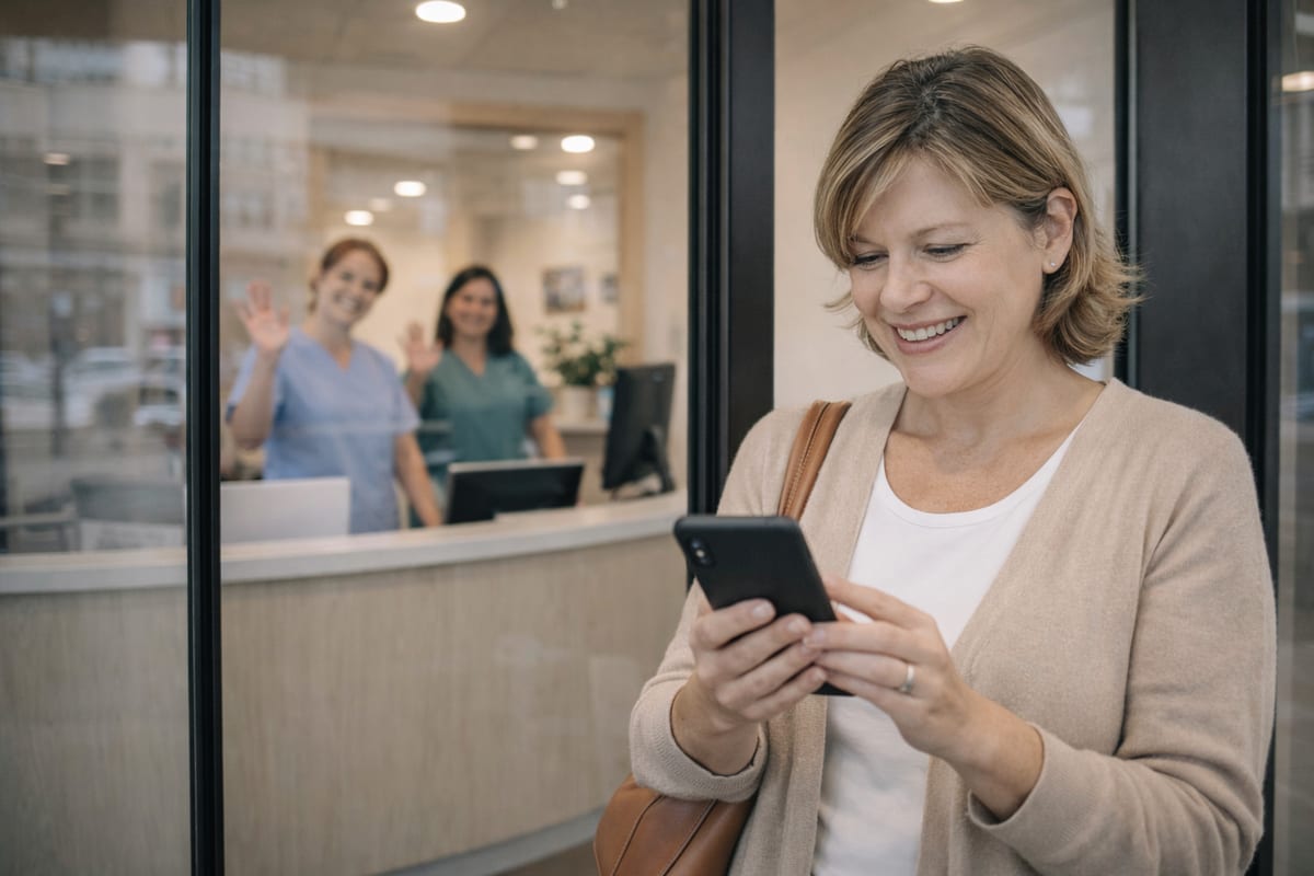 Happy patient leaving a private clinic, pausing to check their phone - about to leave a review