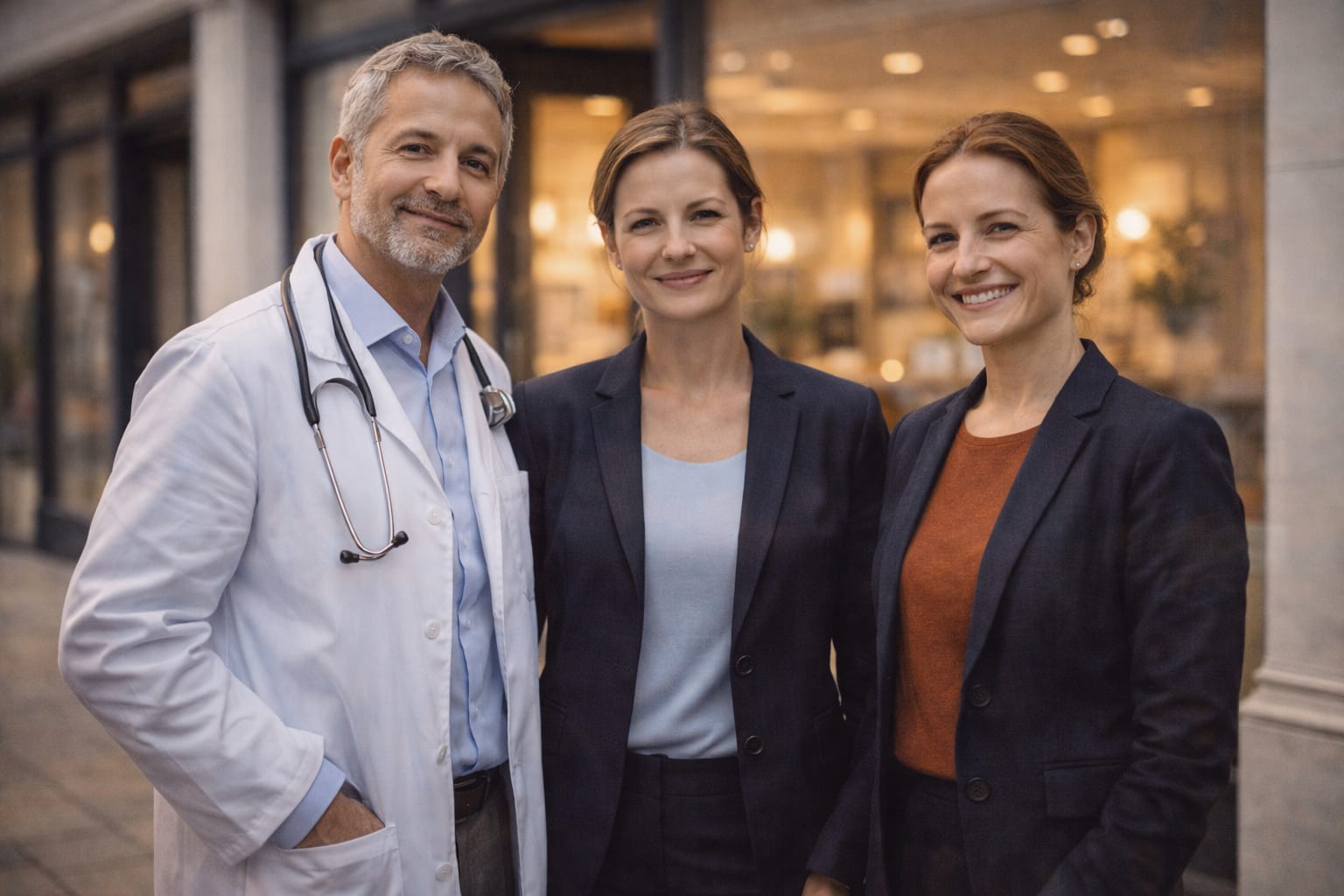 Healthcare team standing confidently outside a modern private medical clinic - owning their market position