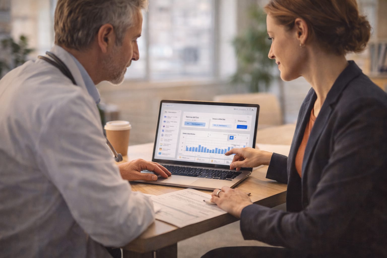 Doctor and growth strategist reviewing market analytics and performance data on a laptop in a modern clinic office