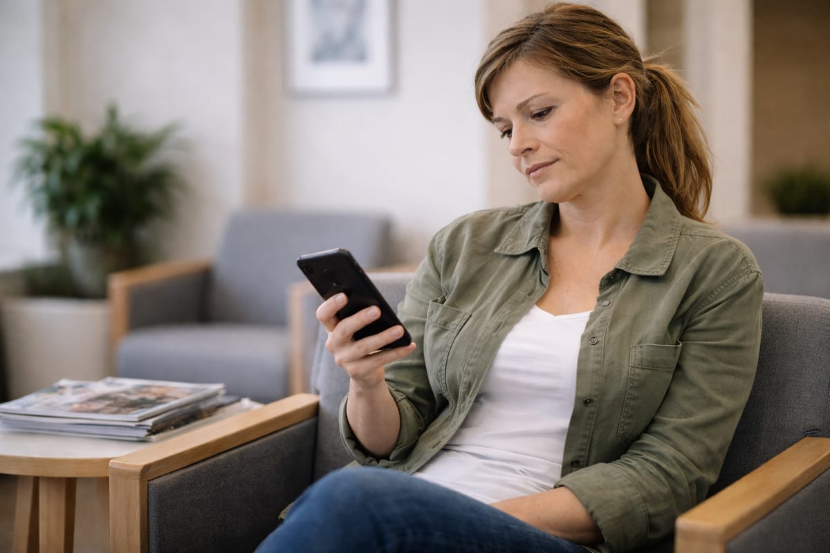 Person in a waiting room scrolling disengaged on their phone - about to leave without booking